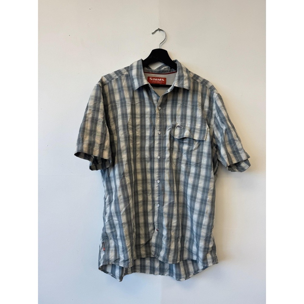 Simms Fishing Shirt Mens Large Blue‎ Gray Plaid Short Sleeve Vented Button